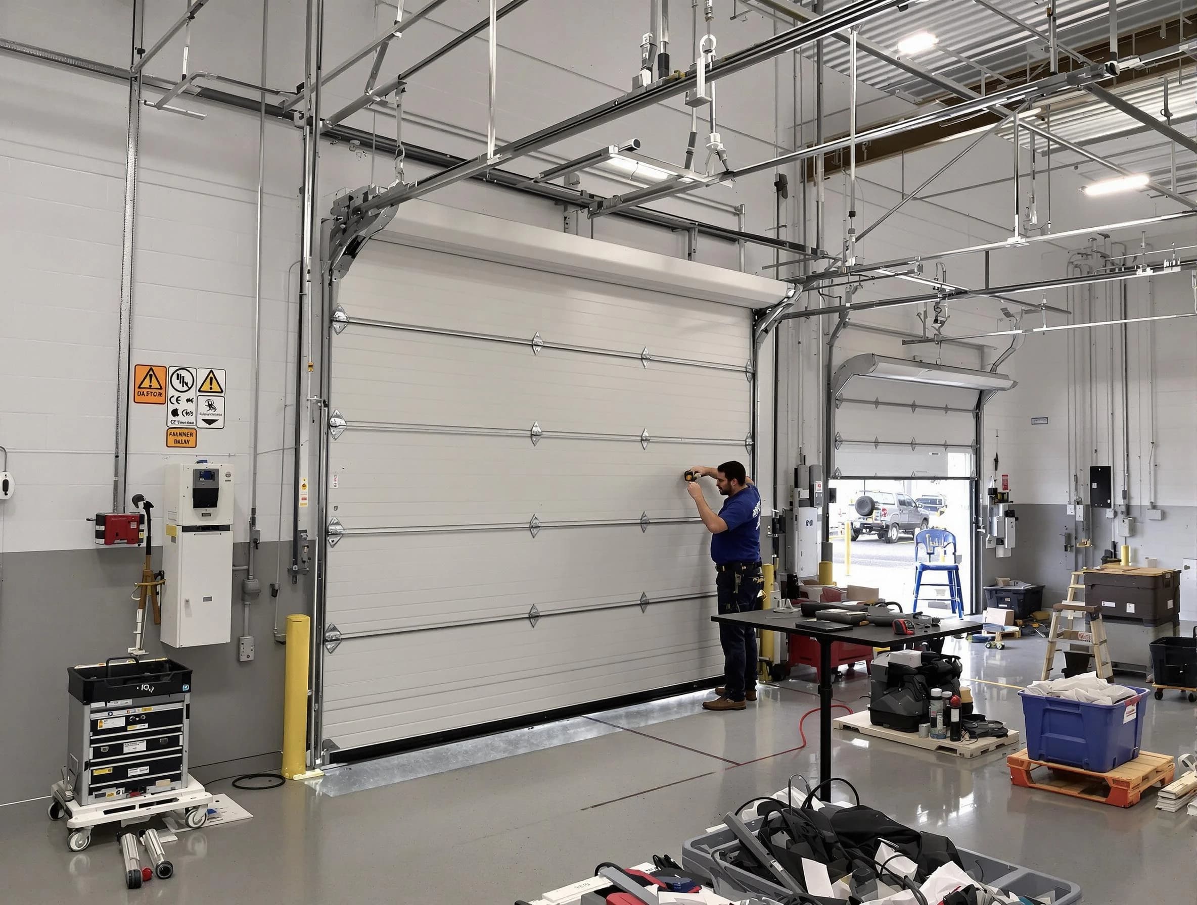 Commercial garage door repair being performed by Norcross Garage Door Repair expert in Norcross