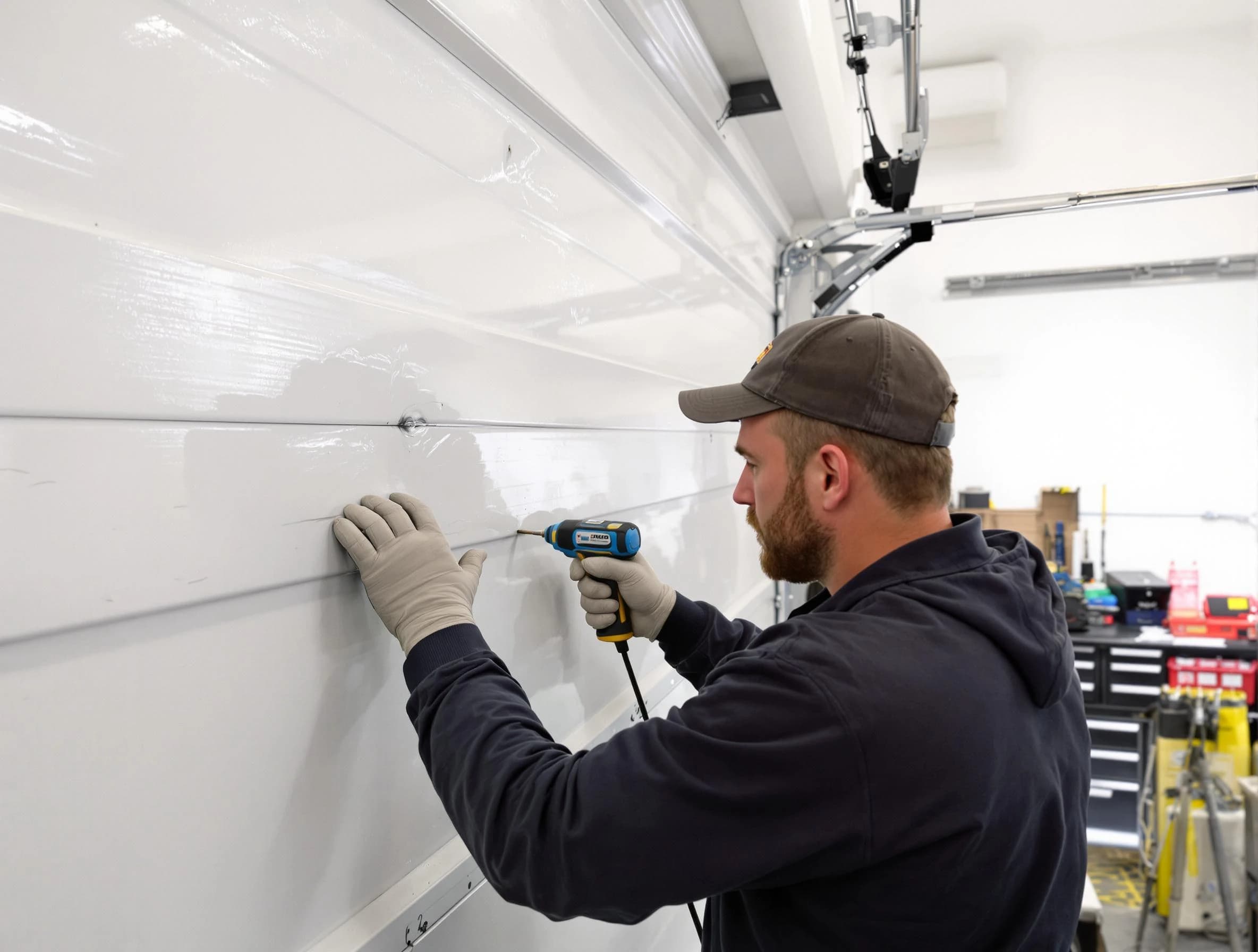 Norcross Garage Door Repair technician demonstrating precision dent removal techniques on a Norcross garage door
